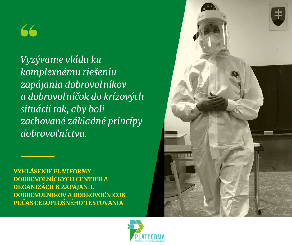 Vyhlásenie Platformy dobrovoľníckych centier a organizácií k zapájaniu dobrovoľníkov a dobrovoľníčok počas celoplošného testovania
